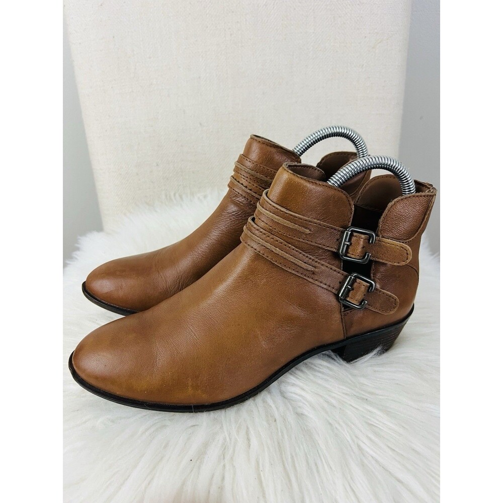 Diba True Road Map Leather Ankle Boots Brown Double Buckle Strap Booties 7.5M